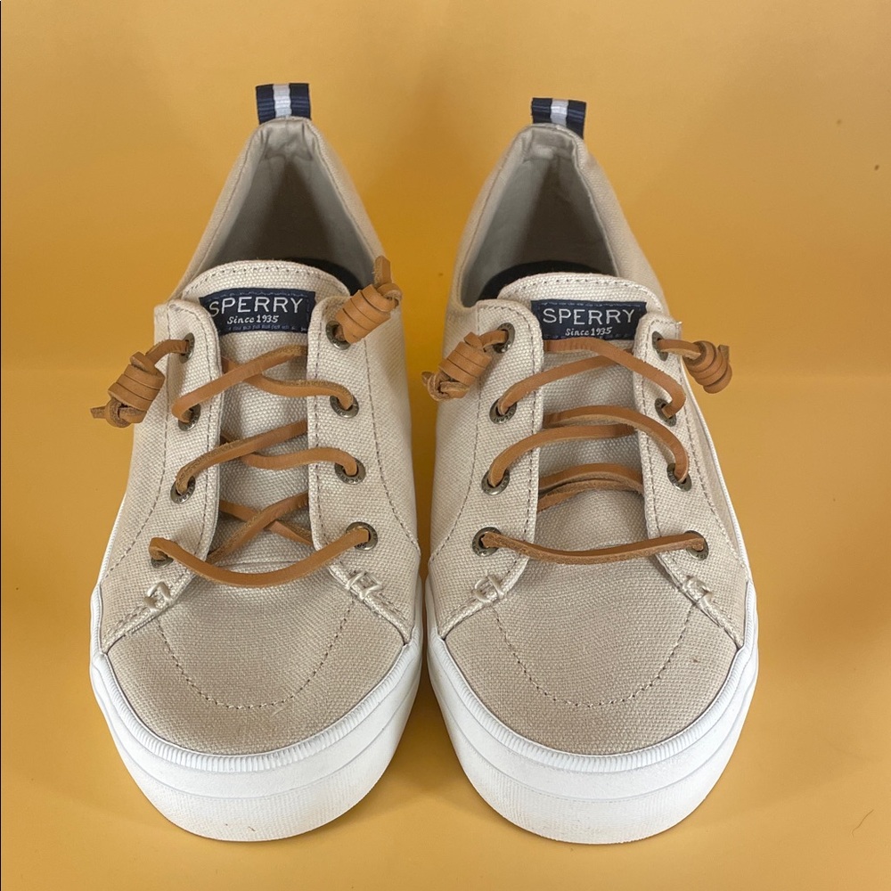 LastChanceB4GoodWill Sperry Tan Canvas Sneakers with White Soles